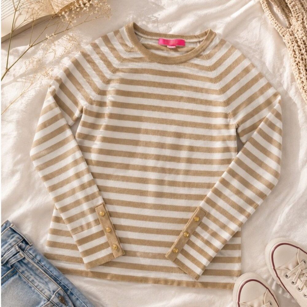 Lilly Pulitzer Dinah Crewneck Sweater Gold Metallic White Stripe Preppy Coastal